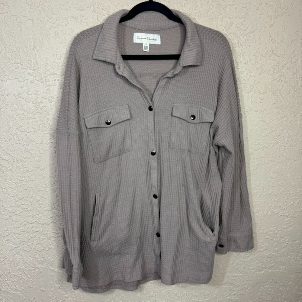 French Laundry Waffle Knit Shacket Shirt Womens XL Taupe Snaps Pockets Slouchy
